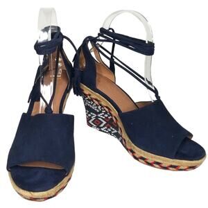 Cabi Wedge Sandal Women's Size 8 Isla Boho Ankle Wrap Open Toe Navy Blue NWOT